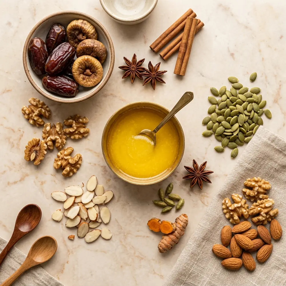 Premium Ayurvedic Ingredients: Dates, figs, nuts and pure cow ghee Premium Ayurvedic Ingredients: Dates, figs, nuts and pure cow ghee